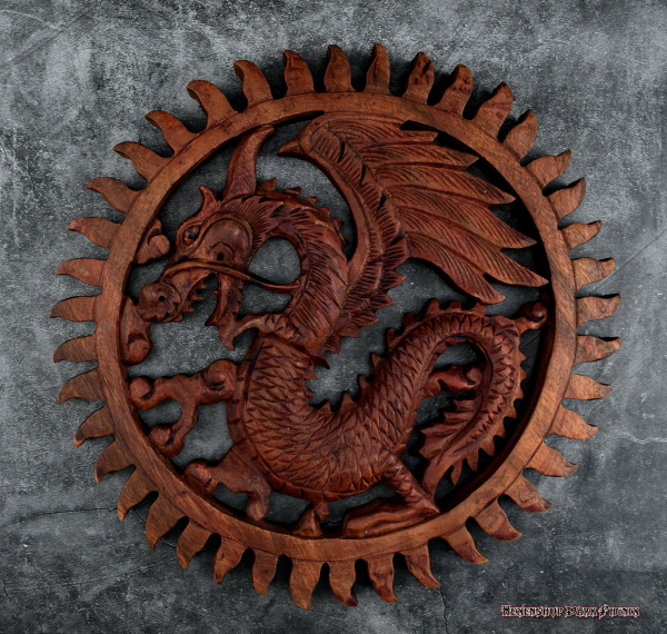 Hexenshop Dark Phönix Geschnitzter Holz Sonnendrache als Wandrelief 29 cm